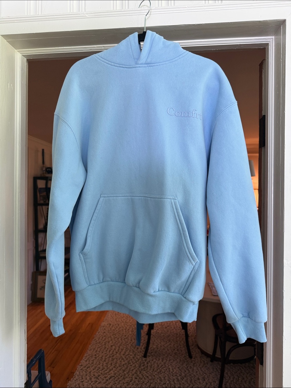Comfrt Minimalist Hoodie in Light Blue, Size Small